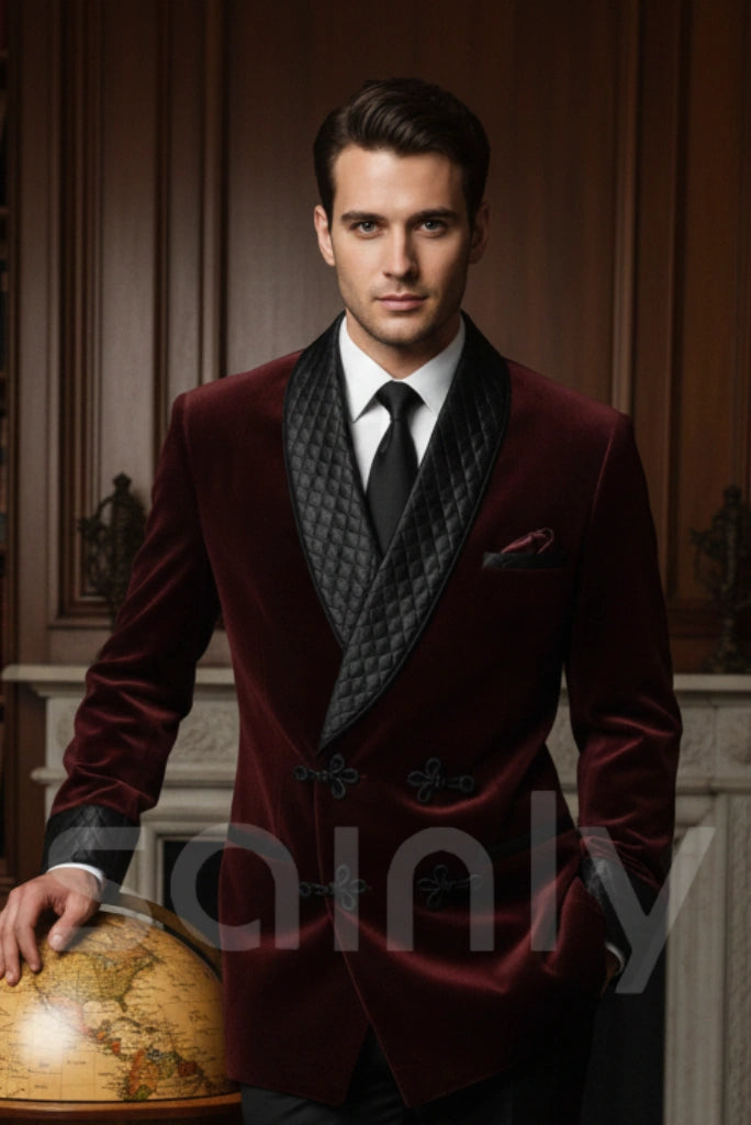 Men’s burgundy velvet smoking jacket luxury winter coat