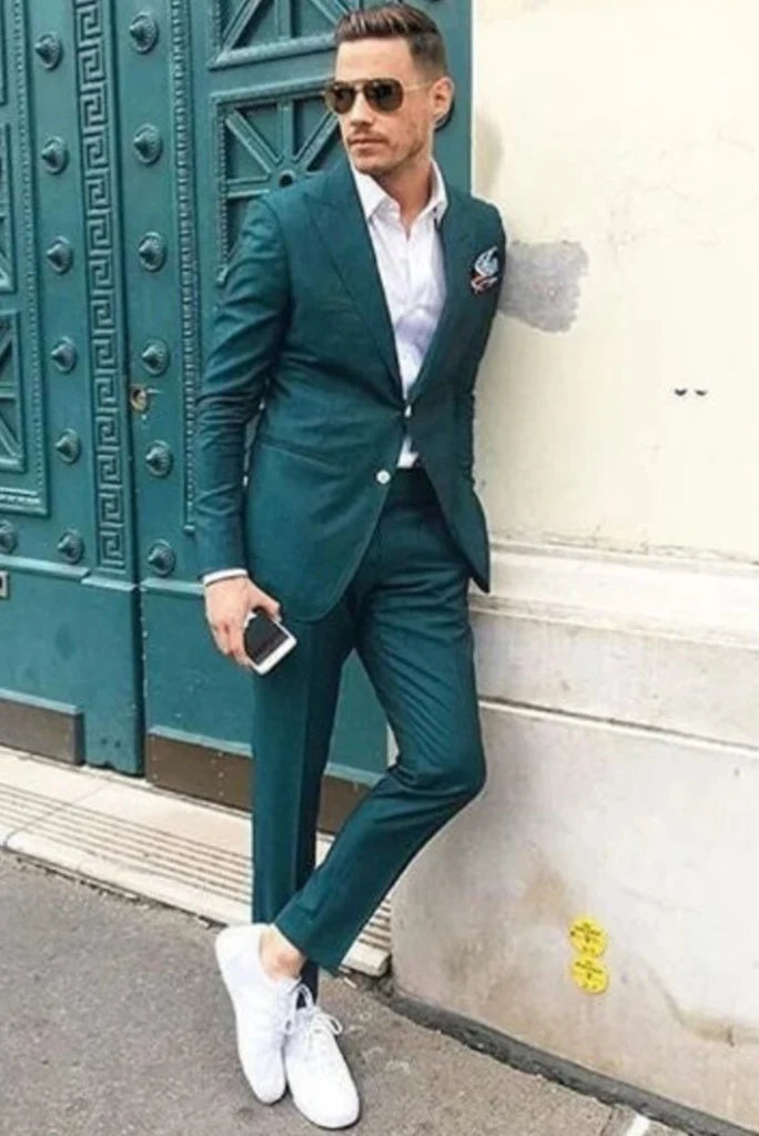 Men Teal Blue Two Piece Suit-Front