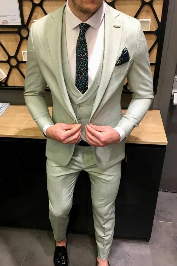 Sage green formal three piece suit for men-front