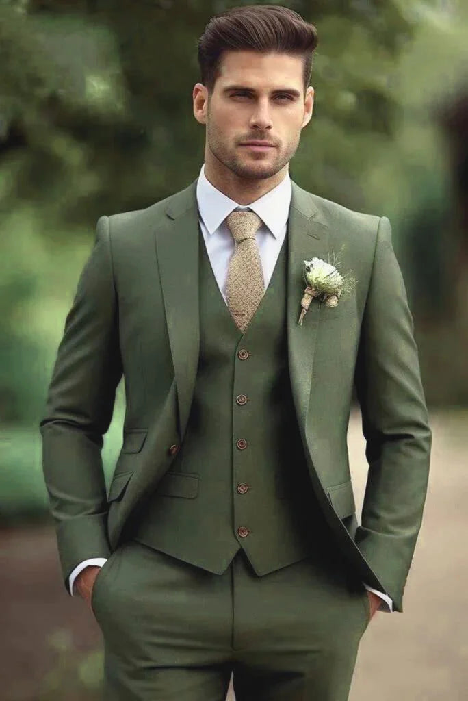 Men olive green suit -front