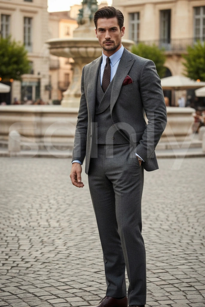 Men’s grey tweed 3 piece suit slim fit wedding wear