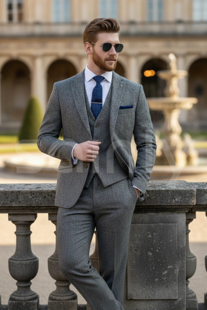 Premium grey tweed 3 piece dinner suit for men