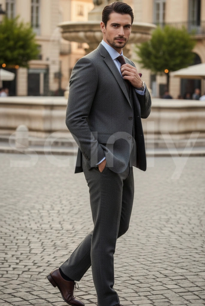 Classic grey tweed three piece suit groom outfit
