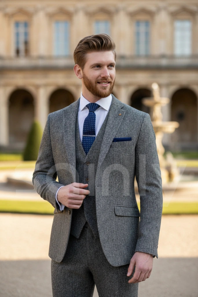 Classic grey tweed three piece suit groom outfit