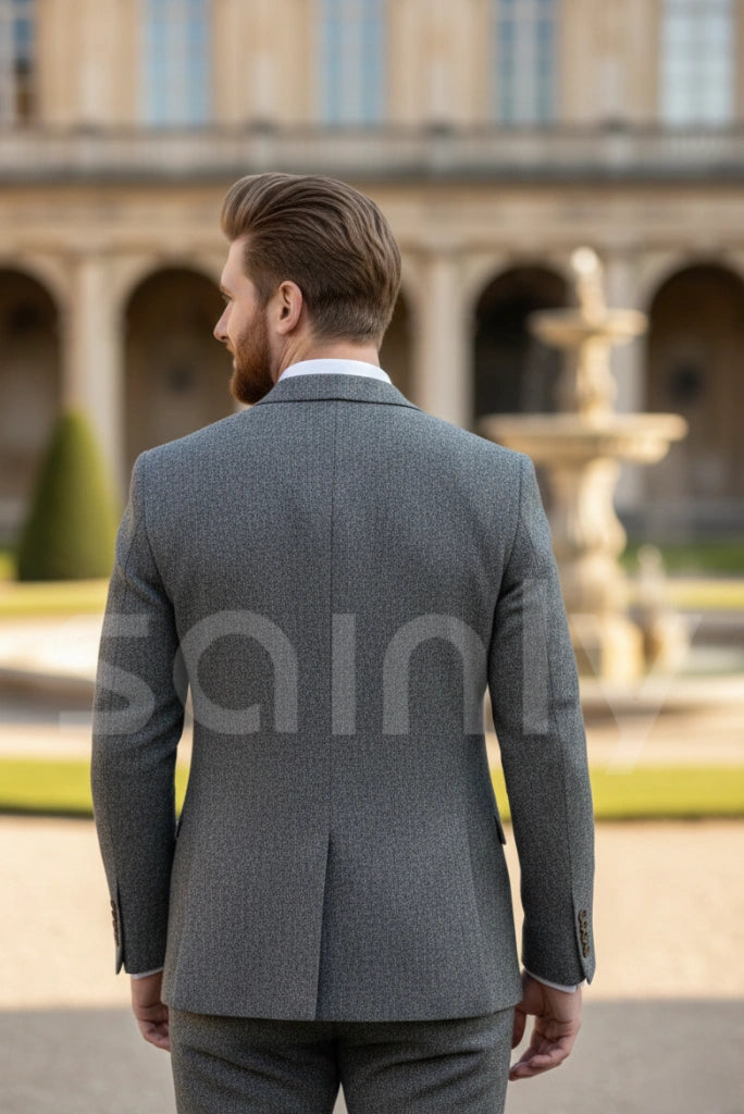 Modern slim fit grey tweed wedding suit mens