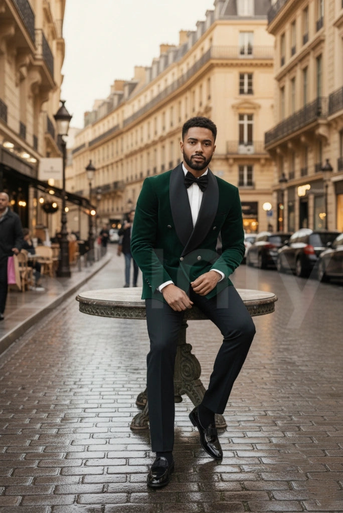Men emerald green velvet suit with classic tailored fit for wedding and party wear-front