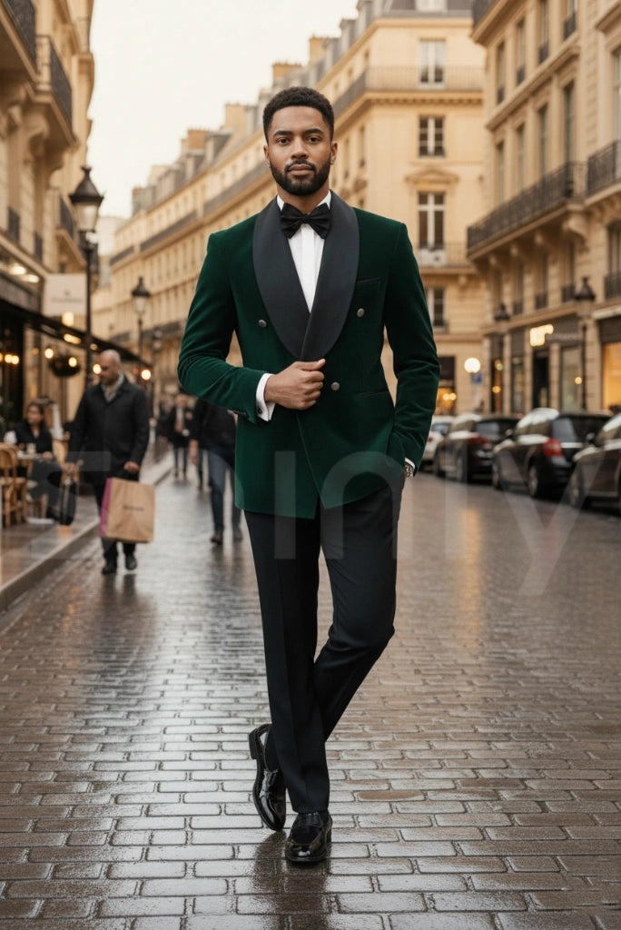 Men emerald green velvet coat pant set for special occasions-front