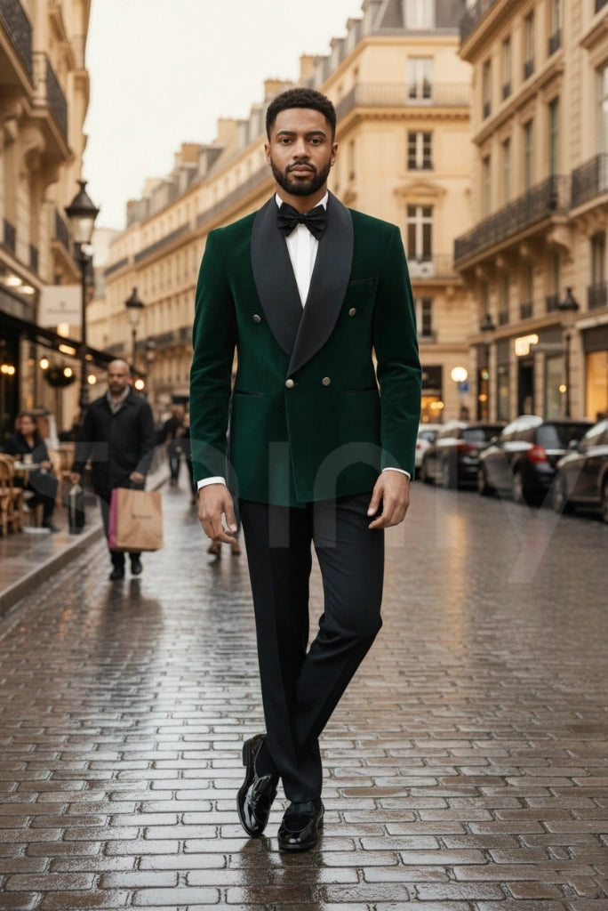 Stylish emerald green velvet suit for men with luxurious finish-front