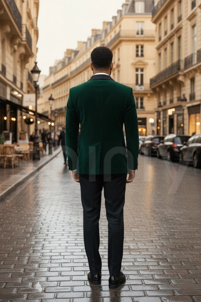 Men emerald green velvet suit with blazer and trousers-back