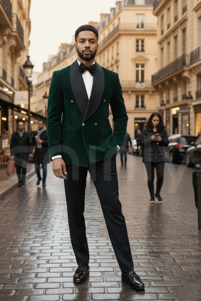 Elegant men emerald green velvet tuxedo for wedding and party wear-front