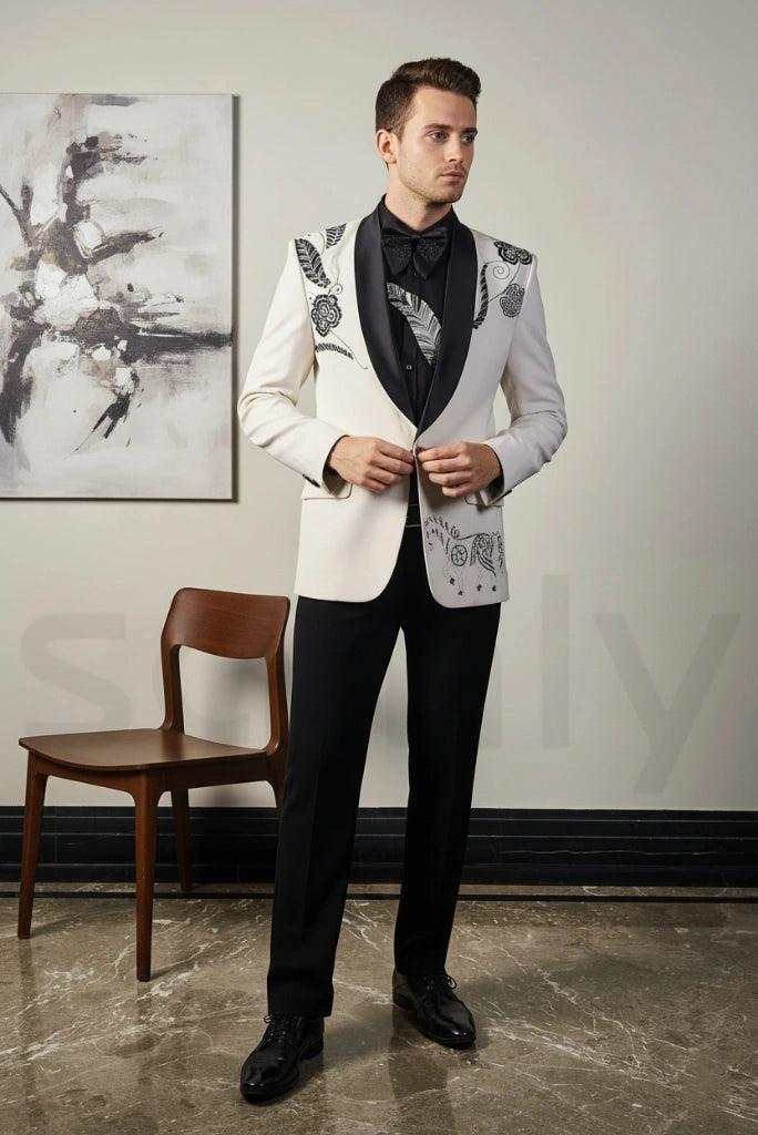Men white and black embroidered suit-front