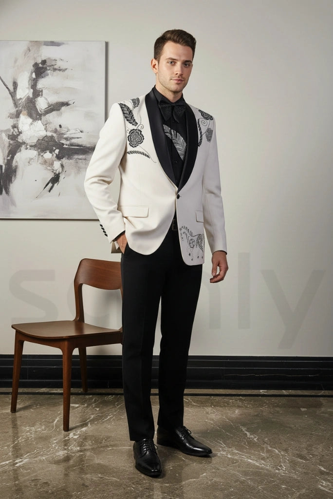 Stylish men white suit with black embroidery detailing-side