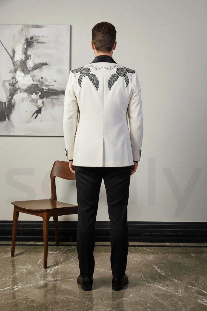 Elegant white and black embroidered suit for men party and reception wear-back