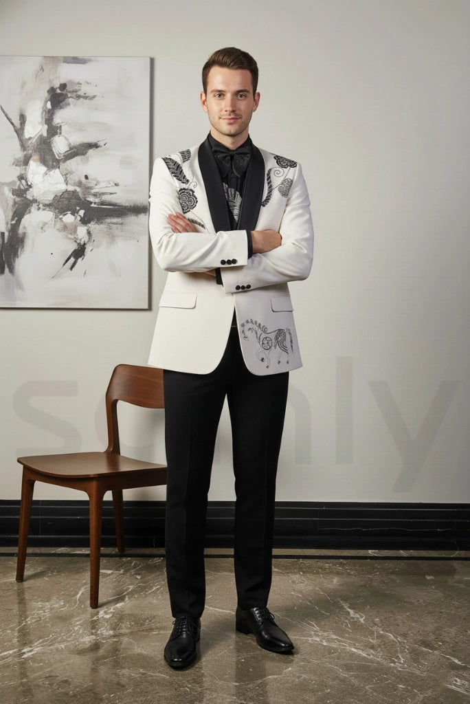 Men white and black embroidery suit for wedding wear-front