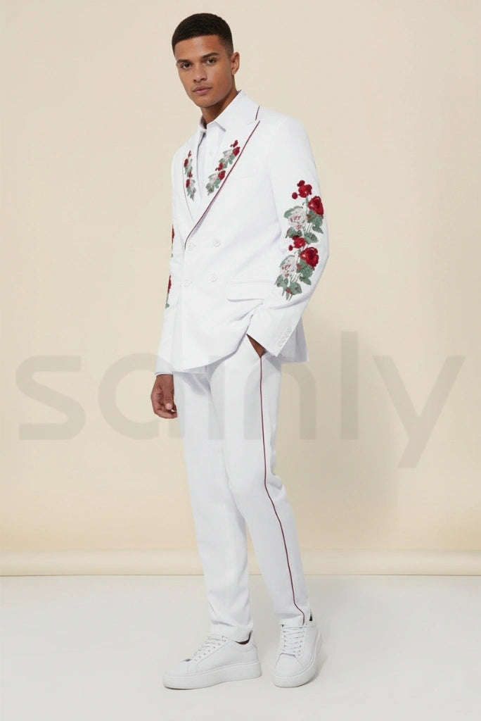 Elegant men’s white embroidery suit for reception