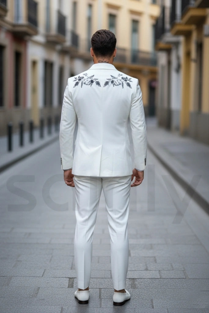 Designer men’s white embroidered suit for wedding reception-back