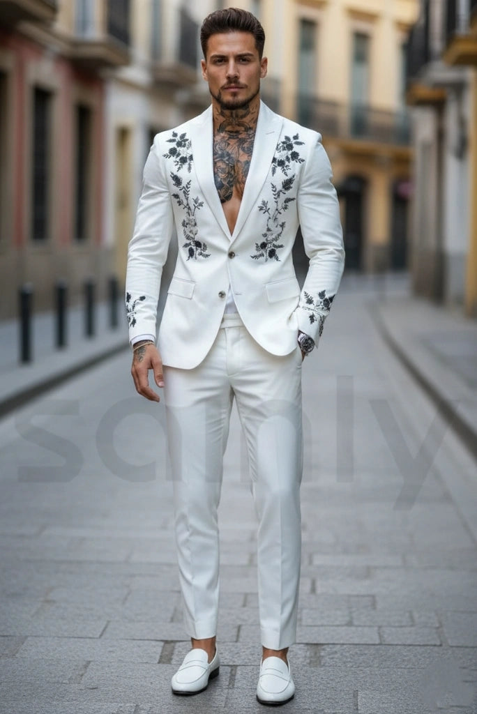 Luxury men’s white embroidery suit for festive occasions