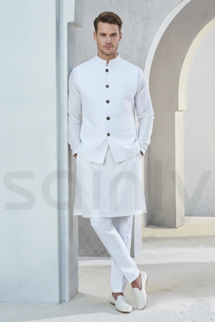 Classic white nehru jacket for festive wear-front