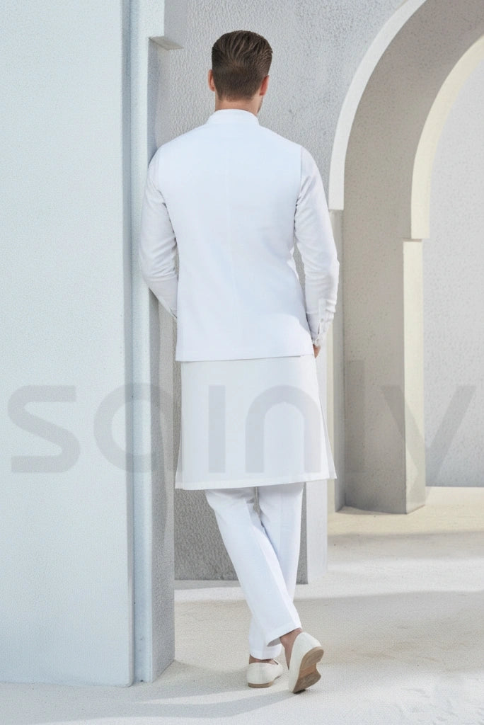 Formal white Nehru jacket for office events-back