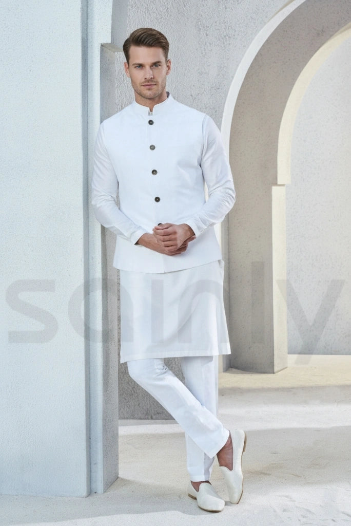 Stylish men’s white nehru jacket for sangeet night-front