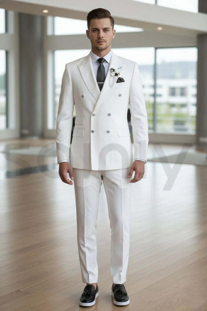 Elegant men white double breasted suit with blazer and trouser-front
