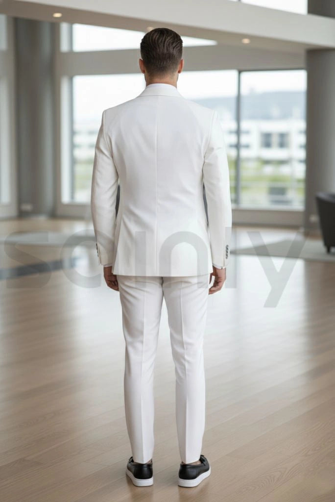 Tailored men white two piece suit with double breasted blazer-back