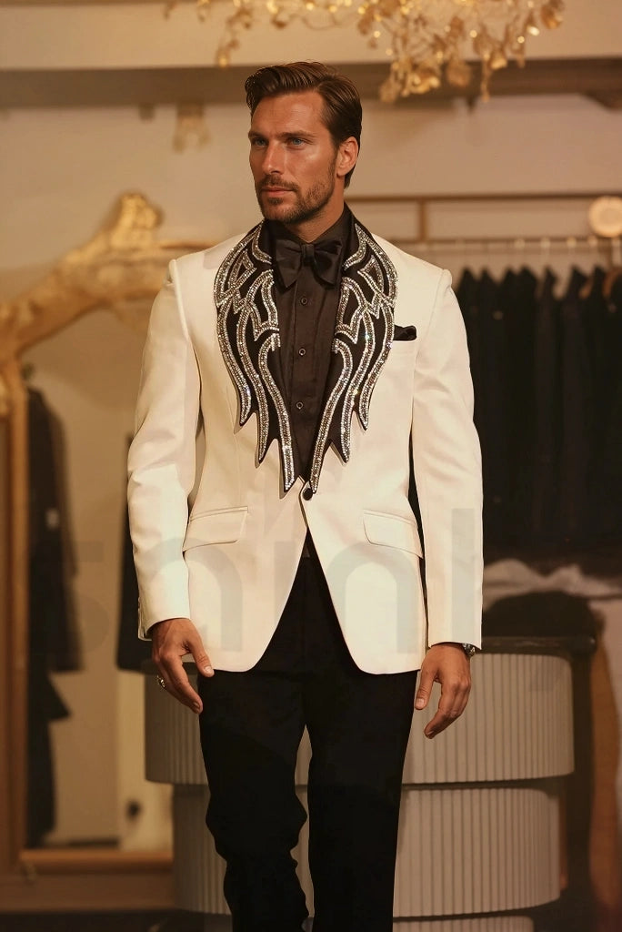 Off White Men’s Two Piece Tuxedo Suit With Crystal Embroidered Collar – Ideal For Weddings And Parties-front