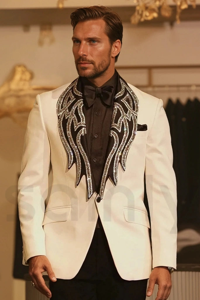Crystal Embroidered Collar Detail On Off White Men’s Formal Tuxedo Suit-front