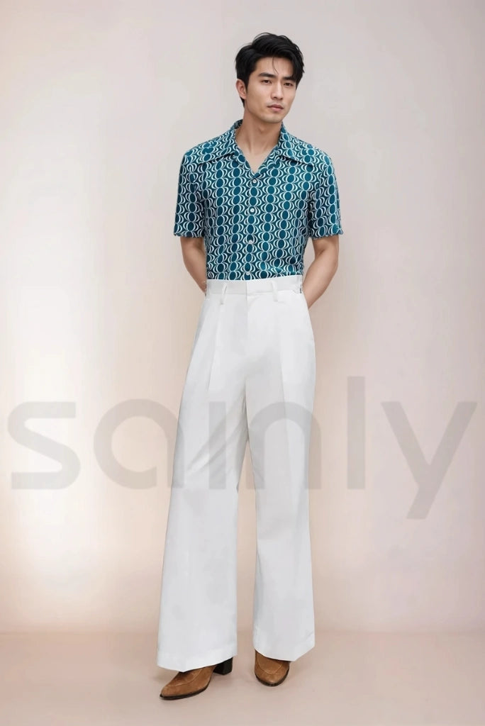 White high-waisted flare trousers with a classic bellbottom design, perfect for formal events-front