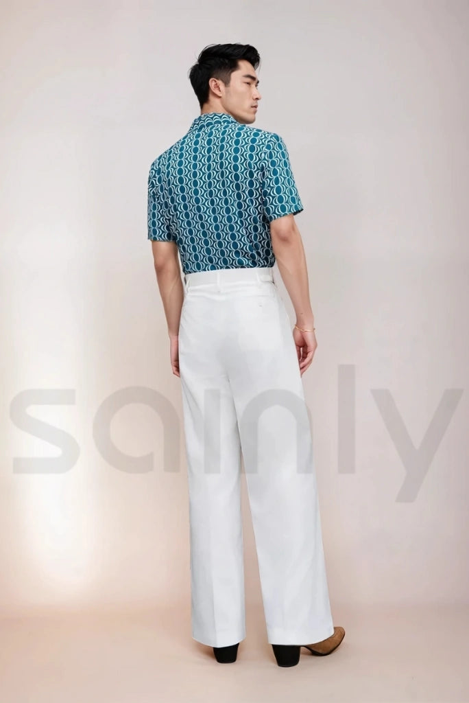 High-rise white flare pants with classic tailoring, designed for modern and elegant event wear-back