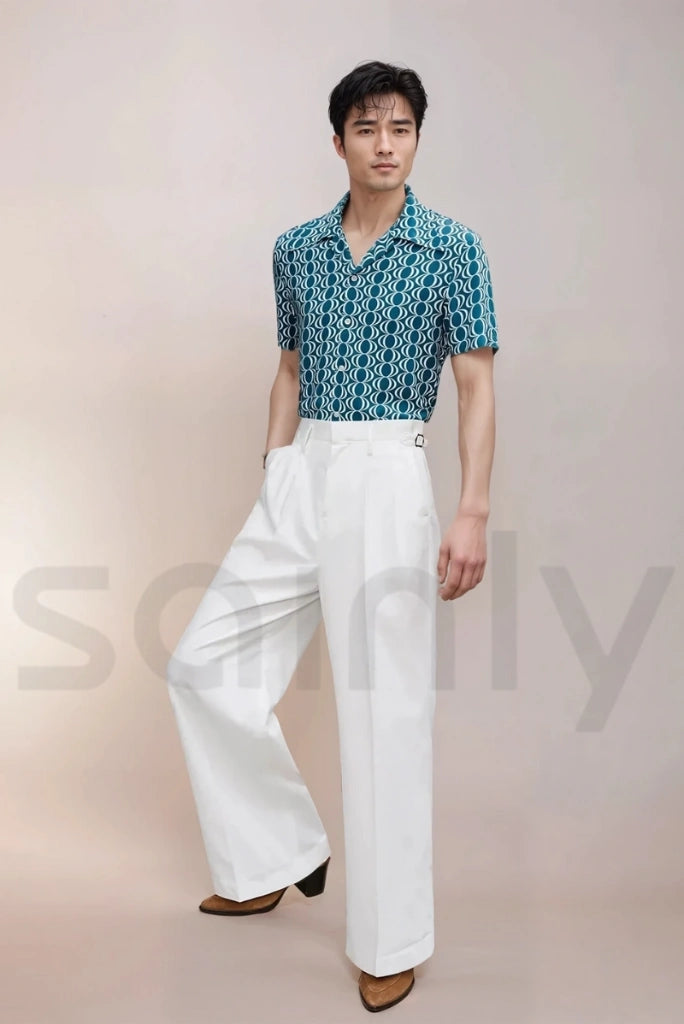 Men’s white bellbottom trousers with a tailored high-waist fit, ideal for events or evening wear-side