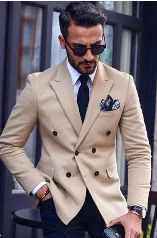 Men beige and black two piece suit-front