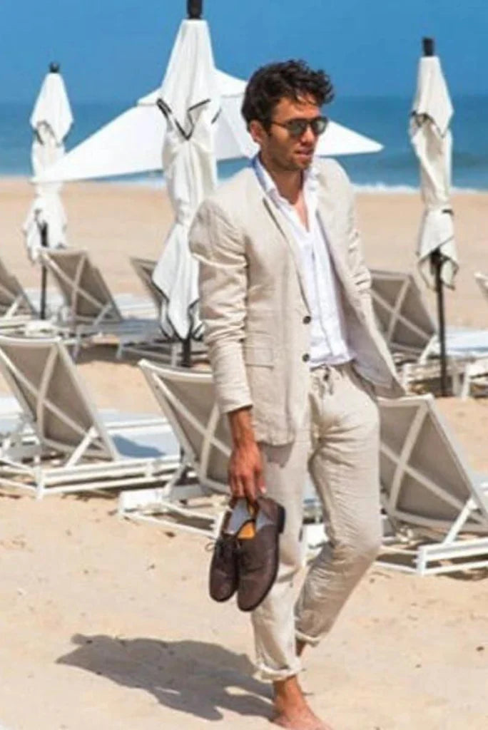 Men beige beach linen suit-front