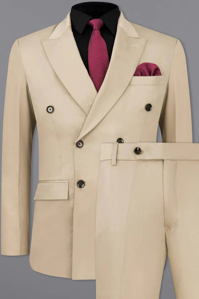 Men beige double breasted formal suit-front