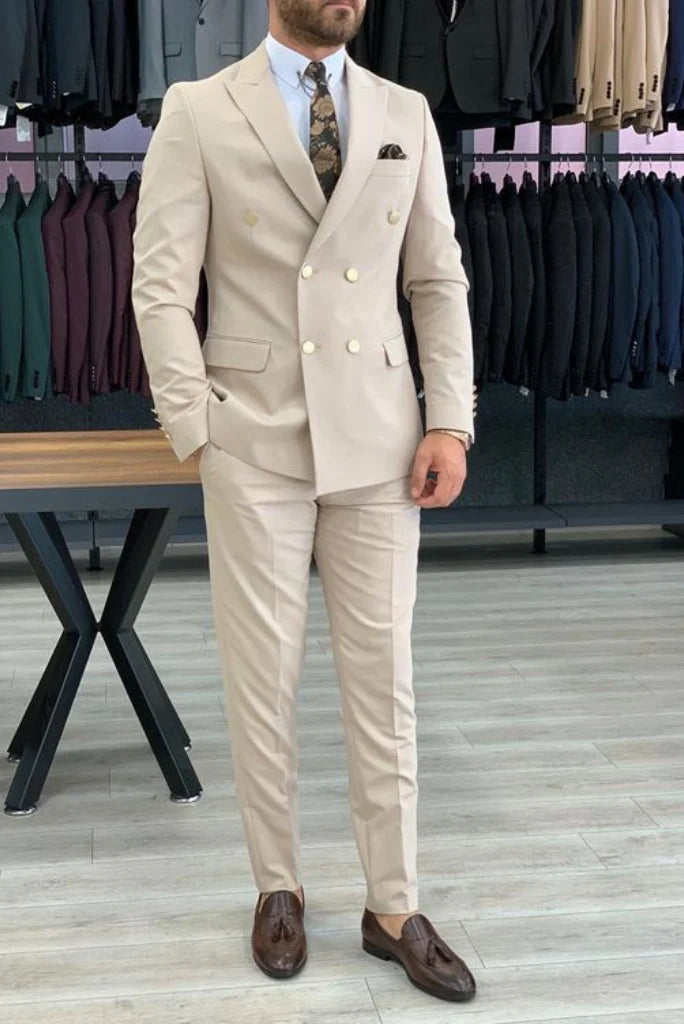 Men beige double breasted two piece suit-front