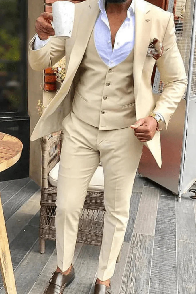 Men beige suit three piece formal-front