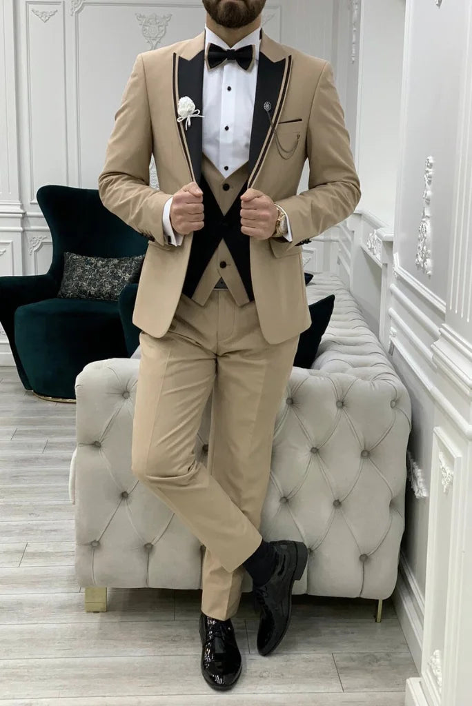 Men beige three piece suit-front