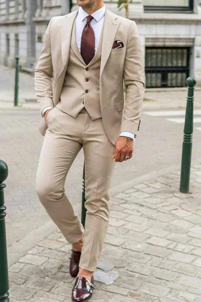 Men beige three piece suit-front