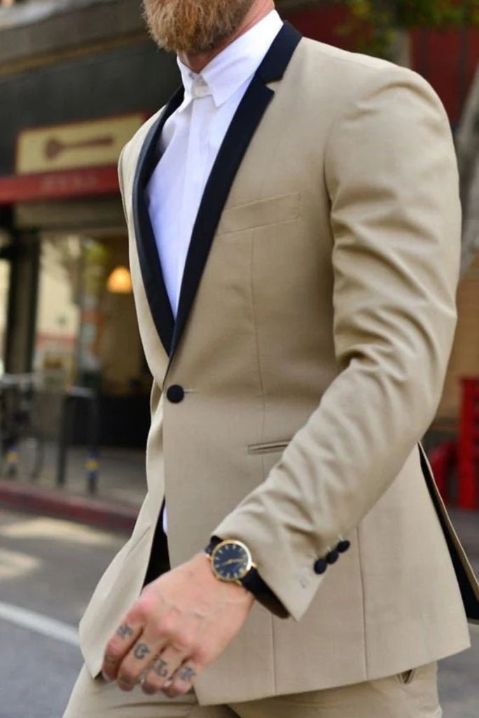 Men beige tuxedo two piece suit-front