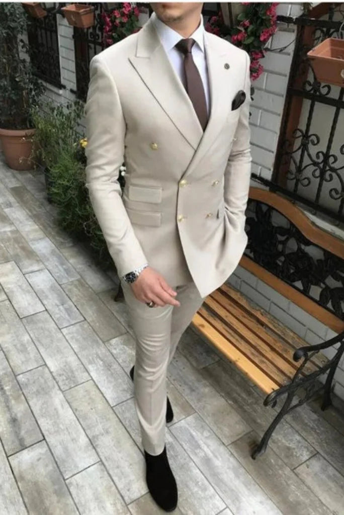 Men beige double breasted formal suit-front