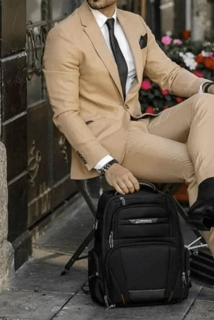 Men beige two piece suit formal-front