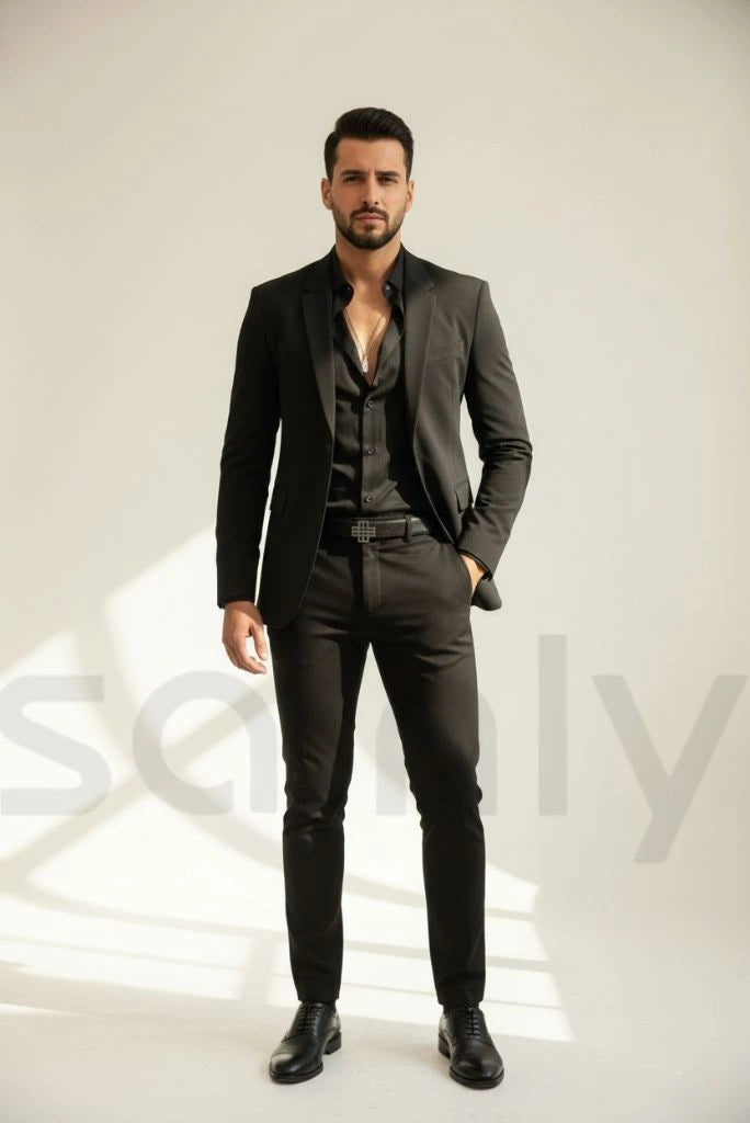 Men black two piece suit for office and business wear-front