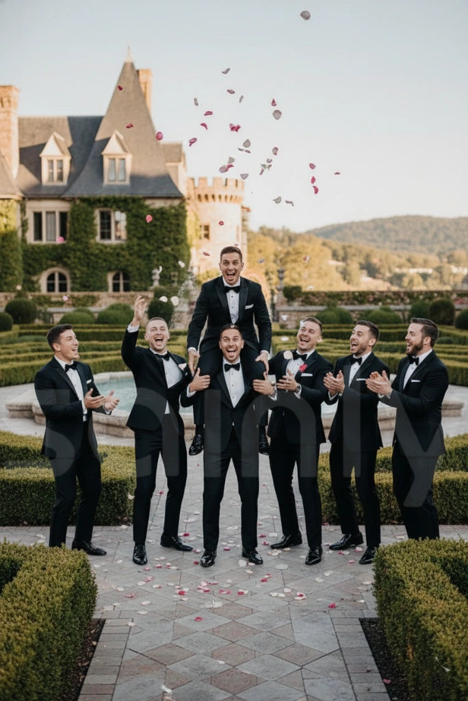 Men black groomsmen tuxedo suit-front