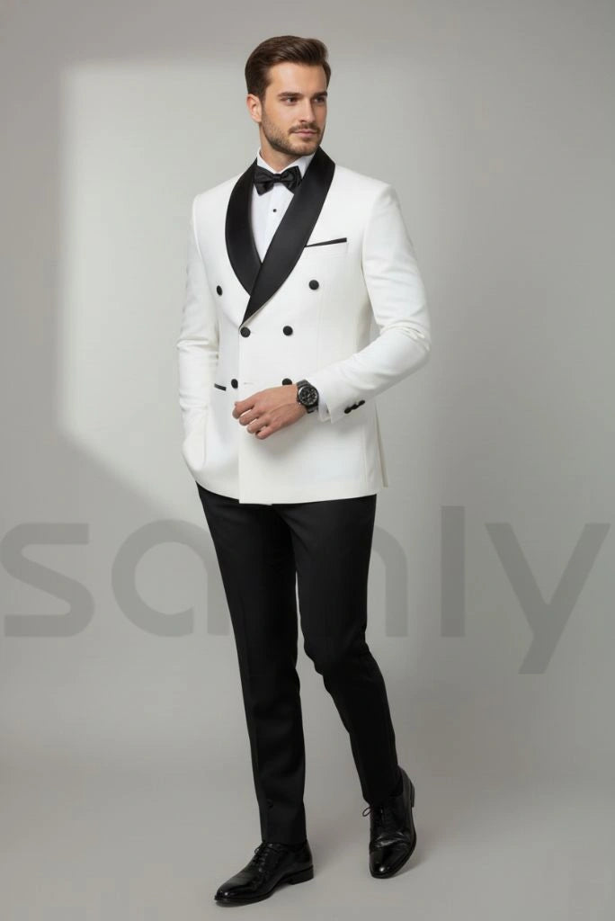 Men white blazer with black detailing double breasted wedding suit