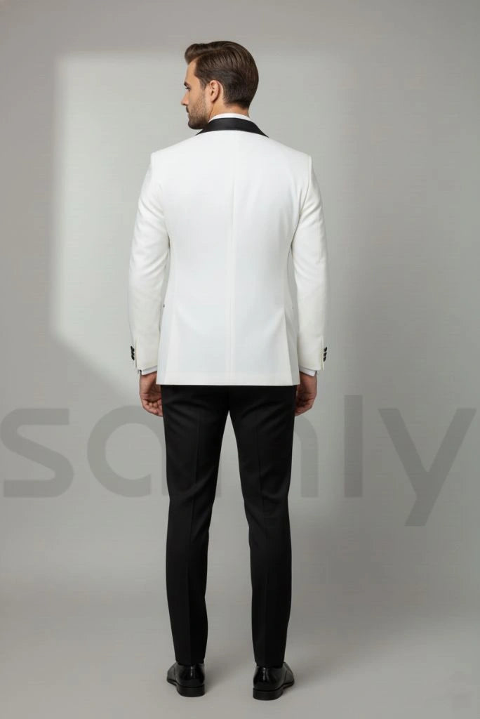 Men contrasting white and black double breasted suit for events-back