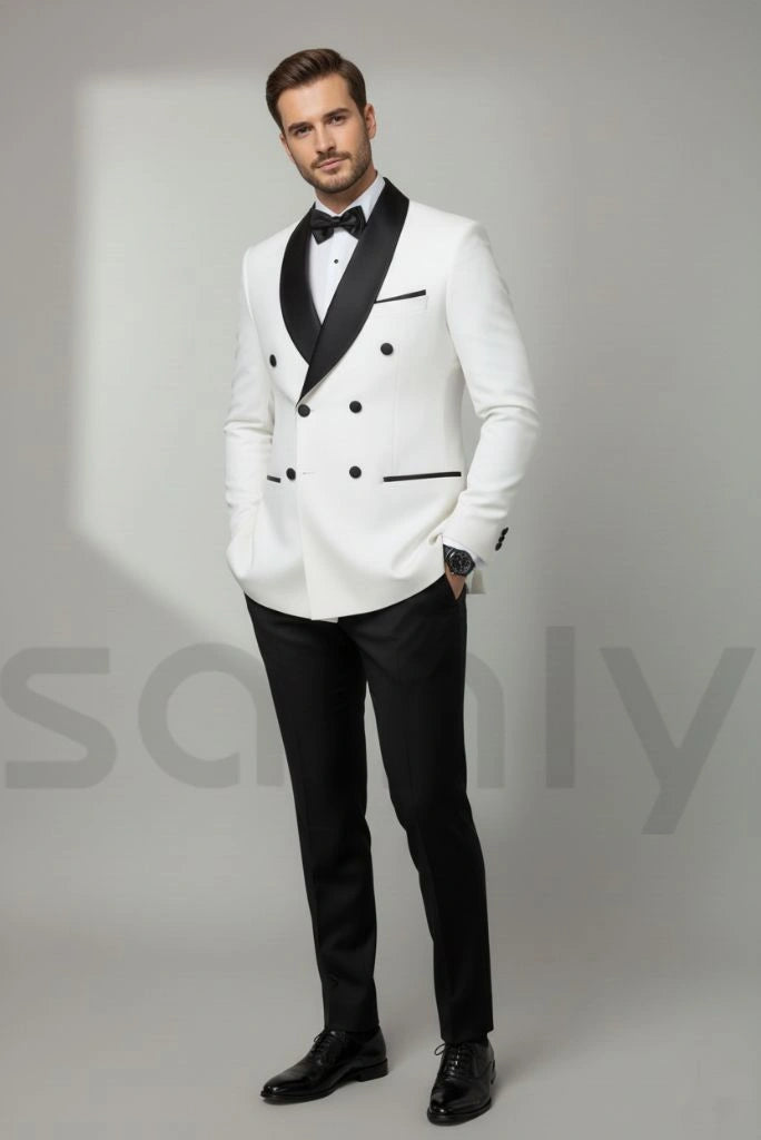 Elegant men white and black double breasted suit for reception wear-side