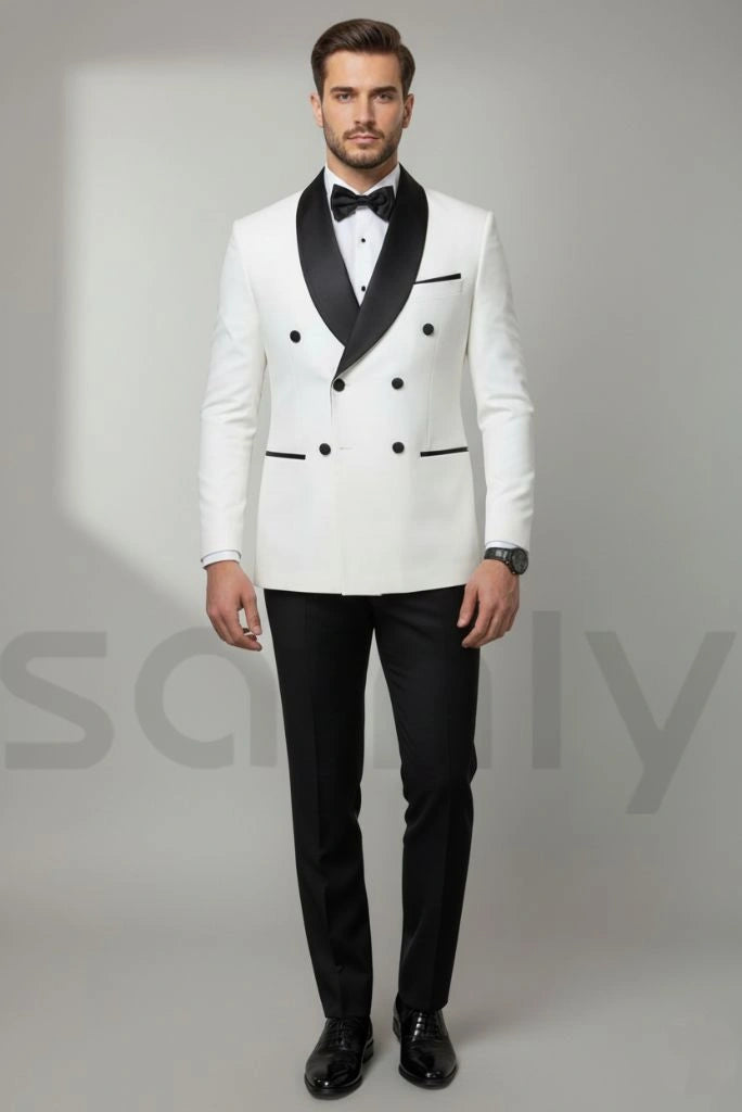 Men white and black double breasted 2 piece groom reception suit-front