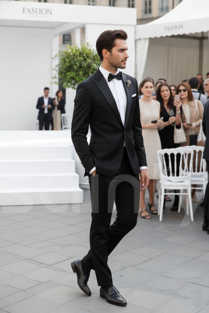 Men tailored black suit for office and events-side