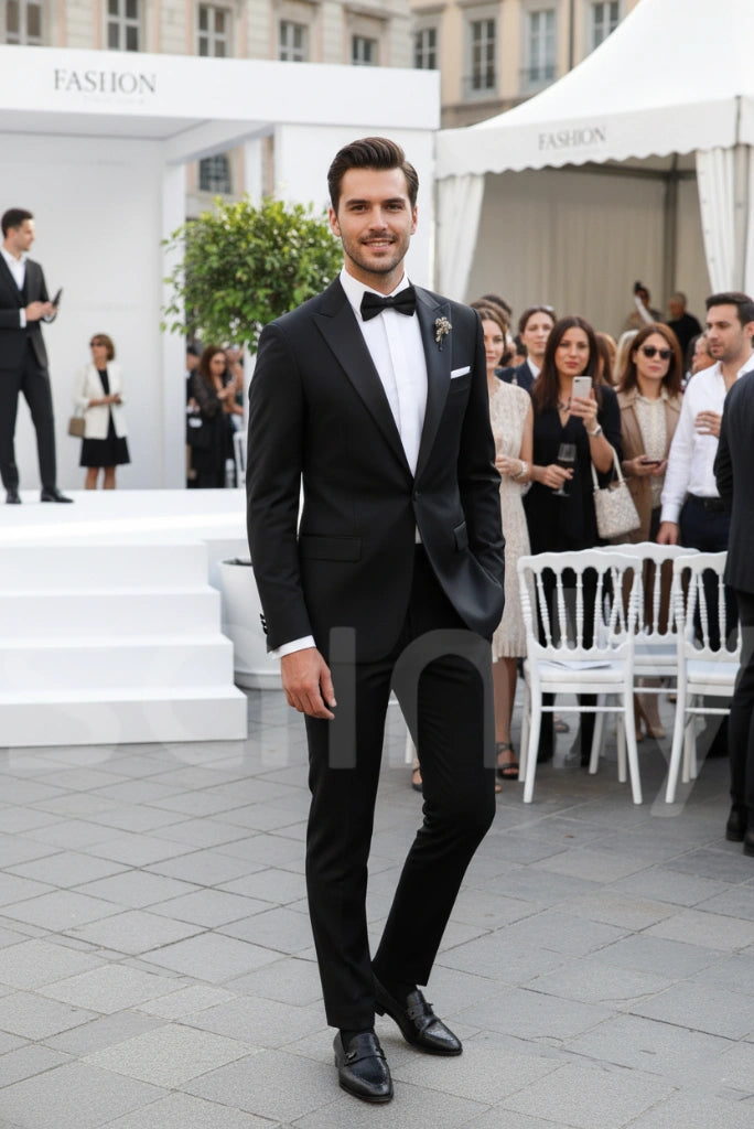 Stylish men black suit with blazer and trousers