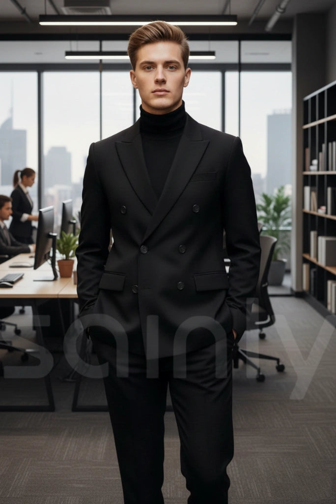 Men black double breasted suit for meetings-front